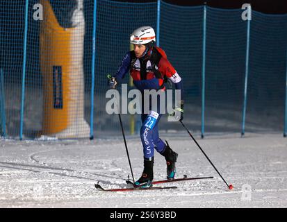 Sestriere, Italia. 17 gennaio 2025. Pablo Giner di Francia gareggia durante la finale a staffetta mista di Sci Alpinismo ai Giochi Mondiali invernali della FISU 2025 a Sestriere, Italia, 17 gennaio 2025. Crediti: Ding Xu/Xinhua/Alamy Live News Foto Stock