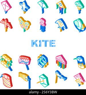 Le icone giocattolo divertente per bambini Flying Kite Set Vector. Aquilone volante in Airplane e Rocket Shape, Jellyfish e Fish Form, Stingray e Butterfly. Gioco all'aperto con illustrazioni isometriche a colori. Le icone giocattolo divertente per bambini Flying Kite Set Vector Illustrazione Vettoriale