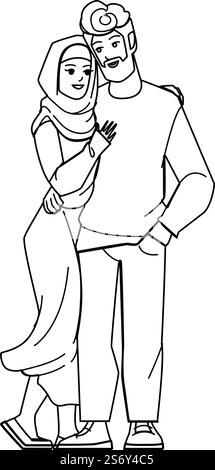 vettore di coppia musulmana. uomo arabo donna, hijab, famiglia giovane moglie marito musulmano coppia carattere. persone con linea nera che disegnano immagini vettoriali. vettore di coppia musulmana Illustrazione Vettoriale