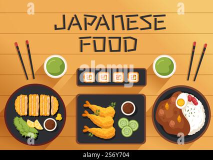 Illustrazione del cartoon di cibo giapponese con vari piatti deliziosi nel ristorante come sushi su un piatto, Sashimi Roll e altri in stile piatto Illustrazione Vettoriale