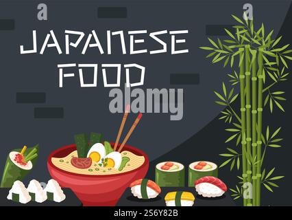 Illustrazione del cartoon di cibo giapponese con vari piatti deliziosi nel ristorante come sushi su un piatto, Sashimi Roll e altri in stile piatto Illustrazione Vettoriale