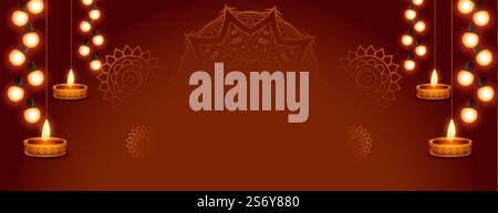 banner decorativo felice diwali con luci pendenti e diya Illustrazione Vettoriale