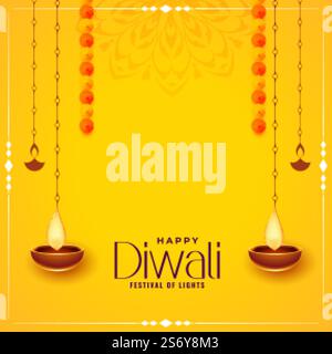 felice carta decorativa gialla diwali con disegno di diya appeso Illustrazione Vettoriale
