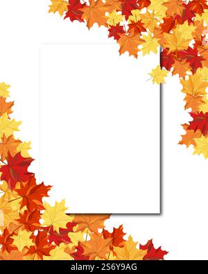 Telaio di autunno con foglio di carta bianco e foglie di acero al di sopra e al di sotto di esso. Su sfondo bianco. Design elegante con il testo e lo spazio ideale colori bilanciati. Illustrazione Vettoriale. Illustrazione Vettoriale