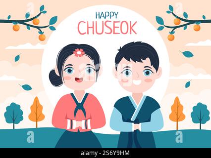 Giornata di Chuseok felice in Corea per il Ringraziamento con la gente in Hanbok tradizionale, Luna piena e Paesaggio cielo in Flat Cartoon Illustrazione Illustrazione Vettoriale