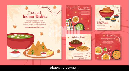Indian Food Restaurant Social Media Post Template Flat Cartoon background Vector Illustration Illustrazione Vettoriale