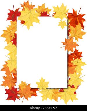 Telaio di autunno con foglio di carta bianco e foglie di acero al di sopra e al di sotto di esso. Su sfondo bianco. Design elegante con il testo e lo spazio ideale colori bilanciati. Illustrazione Vettoriale. Illustrazione Vettoriale