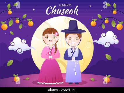 Giornata di Chuseok felice in Corea per il Ringraziamento con la gente in Hanbok tradizionale, Luna piena e Paesaggio cielo in Flat Cartoon Illustrazione Illustrazione Vettoriale