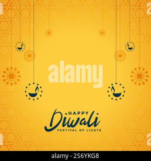 felice sfondo giallo diwali con design piatto pendente diya Illustrazione Vettoriale