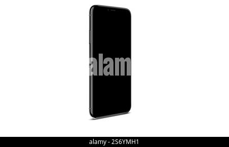 Uno smartphone nero verticale con schermo nero vuoto e cornice metallica grigia su sfondo bianco Foto Stock
