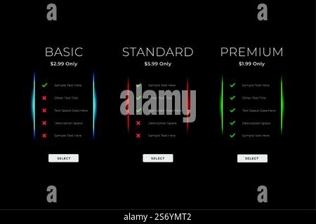 modello di business della tabella di confronto dei prezzi del tema nero scuro Illustrazione Vettoriale