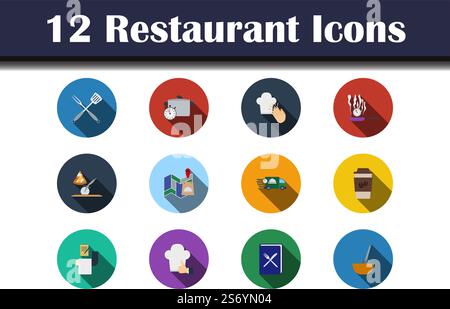 Icona del ristorante impostata. Design piatto con ombra lunga. Illustrazione vettoriale. Illustrazione Vettoriale