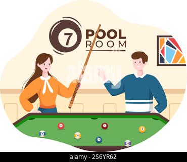 Gioco da biliardo Illustrazione Cartoon Flat disegnata a mano con Sala da biliardo con bastone, Cue che mira a Billiard Balls in Sports Club Illustrazione Vettoriale