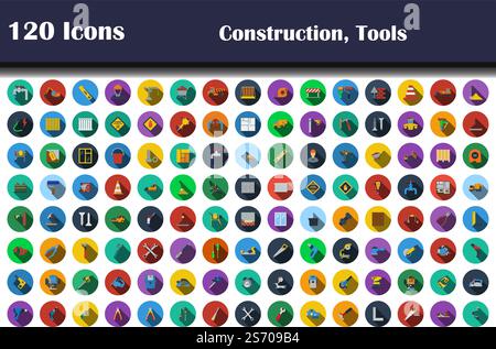 120 icone di costruzione, Strumenti. Design piatto con ombra lunga. Illustrazione vettoriale. Illustrazione Vettoriale