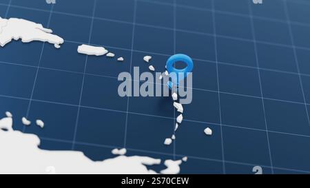 Mappa 3d della Guadalupa blu con puntino circondato da altri paesi in bianco. Mappa politica con i confini. illustrazione di rendering 3d. Foto Stock