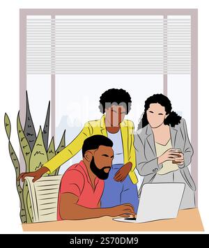 Team di lavoro multirazziale diversificato, uomo, donne che lavorano in un ufficio moderno. Illustrazione disegnata a mano con il contorno colorato del vettore Illustrazione Vettoriale