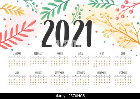 calendario del nuovo anno 2021 con decorazione floreale Illustrazione Vettoriale