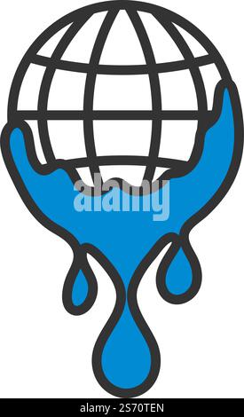 Icona pianeta con acqua in discesa. Contorno grassetto modificabile con disegno riempimento colore. Illustrazione vettoriale. Illustrazione Vettoriale