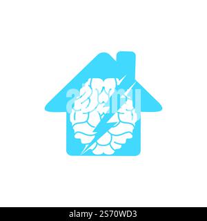 Design del logo vettoriale Thunder Brain. Cervello con tuono e icona del logo Home. Illustrazione Vettoriale