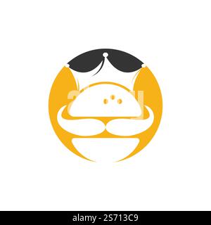 Burger King logo design vettoriale. Burger con logo con corona e baffi. Illustrazione Vettoriale