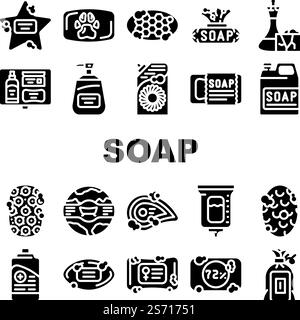set di icone di bellezza per la cura del corpo con sapone e sapone. igiene del bagno, spa naturale, doccia biologica, prodotti in schiuma, prodotti cosmetici per il lavaggio, illustrazioni pittogramma di glifi di bellezza per il bagno con sapone fatto a mano. set di icone di bellezza per la cura del corpo con sapone e sapone Illustrazione Vettoriale