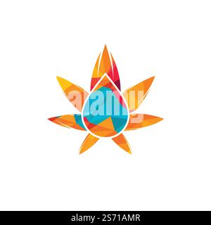 Icona con il logo della goccia di acqua in foglia di cannabis. Concetto di logo vettoriale dell'olio di cannabis. Illustrazione Vettoriale