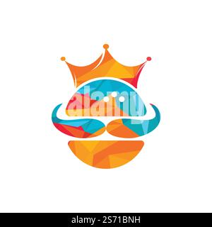 Burger King logo design vettoriale. Burger con logo con corona e baffi. Illustrazione Vettoriale