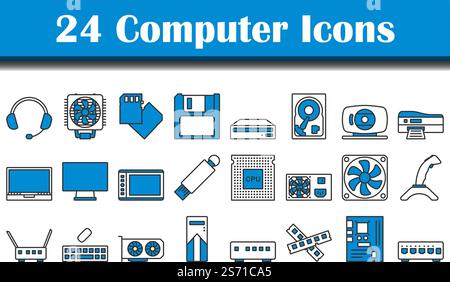 Insieme di icone del computer. Contorno grassetto modificabile con disegno riempimento colore. Illustrazione vettoriale. Illustrazione Vettoriale