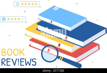Modello di revisione del libro Illustrazione piatta di Cartoon disegnata a mano con il feedback del lettore per l'analisi, la valutazione, la soddisfazione e i commenti sulle pubblicazioni Illustrazione Vettoriale