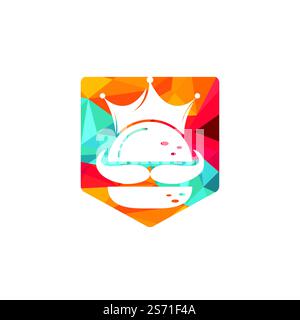 Burger King logo design vettoriale. Burger con logo con corona e baffi. Illustrazione Vettoriale