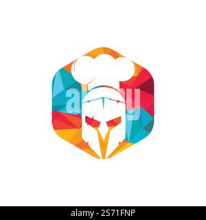Modello di design del logo vettoriale dello chef Spartan. Logo minimal di chef guerriero con illustrazione vettore cappello chef. Illustrazione Vettoriale