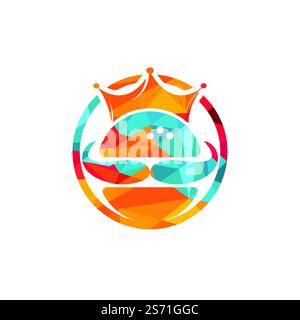 Burger King logo design vettoriale. Burger con logo con corona e baffi. Illustrazione Vettoriale