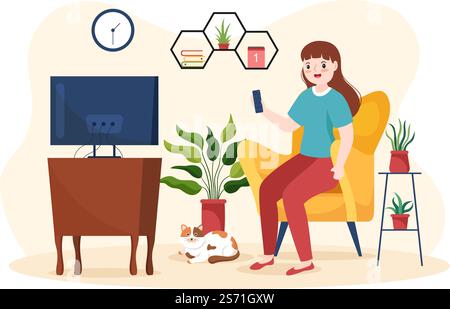 TV modello di canale disegnato a mano Cartoon Flat Illustrazione Home Entertainment per guardare film, film d'azione o Breaking News in televisione Illustrazione Vettoriale