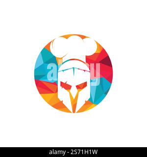 Modello di design del logo vettoriale dello chef Spartan. Logo minimal di chef guerriero con illustrazione vettore cappello chef. Illustrazione Vettoriale