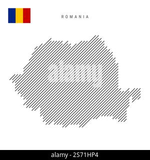 Mappa della Romania dal modello di linee parallele inclinate nere. Mappa rumena con linee diagonali grigie. Silhouette di un paese fatto di schiusa obliqua. VEC Illustrazione Vettoriale