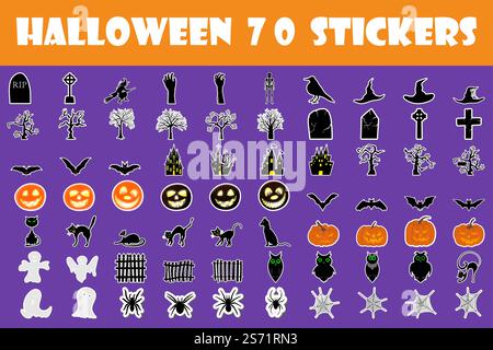 Adesivo natalizio di Halloween con set di elementi Shadows. Collezione con pipistrello, fantasma, tomba, albero, Luna, zucca, strega, scheletro e Gatto su sfondo bianco per creare disegni di Halloween. Illustrazione vettoriale. Illustrazione Vettoriale