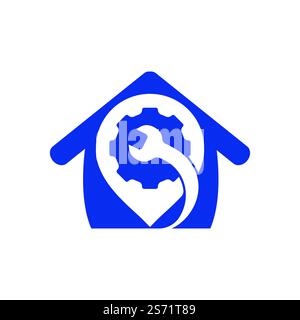 Modello con logo con punta a perno per chiave a ingranaggi. Illustrazione vettoriale della posizione dell'officina. Illustrazione Vettoriale