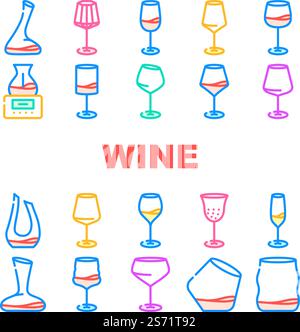 bicchiere di vino rosso wineglass drink icons set vector. alcool, merlot, tazza bar, bottiglia cabernet, trasparente, festa liquida, bicchiere di vino rosso wineglass drink illustrazioni della linea di colori. bicchiere di vino rosso wineglass drink icons set vector Illustrazione Vettoriale