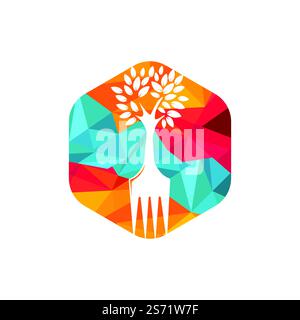 Disegno del logo vettoriale dell'albero della forcella. Concetto di ristorante e logo agricolo. Illustrazione Vettoriale