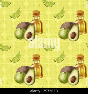 Motivo avocado acquerello. Motivo senza cuciture con avocado e lime e una bottiglia di olio su fondo a reticolo. Una fetta di lime e mezza di un Foto Stock