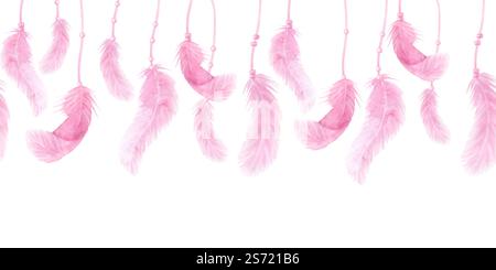 Delicata piuma d'acquerello rosa con perline del nastro striscione senza cuciture per San Valentino o il matrimonio. Concetto di amore. Illustrazione disegnata a mano su Foto Stock