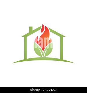 Modello di disegno del logo del vettore del fuoco delle foglie. Modello vettoriale di progettazione del logo Eco Green alternative Energy. Illustrazione Vettoriale