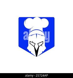 Modello di design del logo vettoriale dello chef Spartan. Logo minimal di chef guerriero con illustrazione vettore cappello chef. Illustrazione Vettoriale