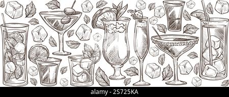 Bevande alcoliche e cocktail, bar o pub, ristorante o caffetteria con bevande. Bicchieri serviti con ghiaccio e tonico, fragole e foglie di menta. Ingredienti gustosi, contorno monocromatico, vettoriale. Cocktail e bevande alcoliche, set monocromatico Illustrazione Vettoriale