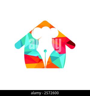 Food Writer Vector logo design. Cappello e penna dello chef con logo icona a casa. Illustrazione Vettoriale