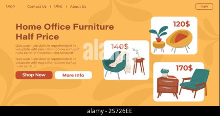Vendita di mobili per ufficio e casa a metà prezzo, sito web con offerte speciali e promozioni. Sedie e piante d'appartamento, piccolo tavolino da caffè. Decorazione e stile della casa o del luogo di lavoro. Vettore in stile piatto. Negozio di mobili per ufficio a metà prezzo Illustrazione Vettoriale