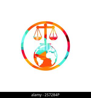 Concetto di logo del tribunale internazionale e della Corte suprema. Scala sul design icona del globo. Illustrazione Vettoriale