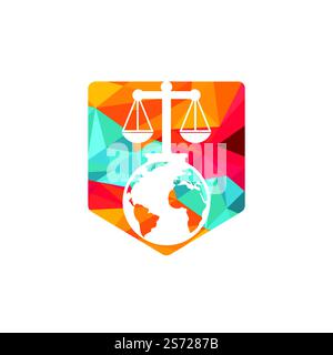 Concetto di logo del tribunale internazionale e della Corte suprema. Scala sul design icona del globo. Illustrazione Vettoriale