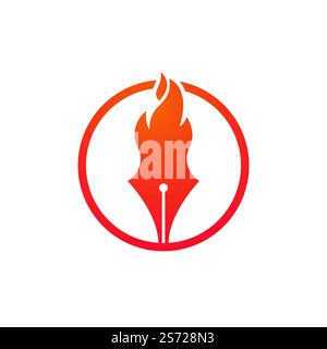Fire Pen concetto di design del logo vettoriale. Icona del logo del vettore di scrittura a caldo. Illustrazione Vettoriale