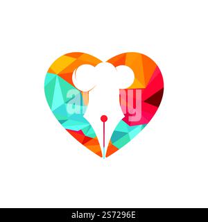 Food Writer Vector logo design. Cappello e penna dello chef con logo icona a forma di cuore. Illustrazione Vettoriale